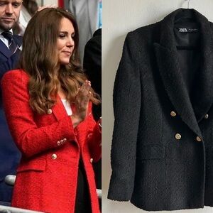 Zara Sz L Blogger Favourite Tweed Black Tailored Gold Button Blazer